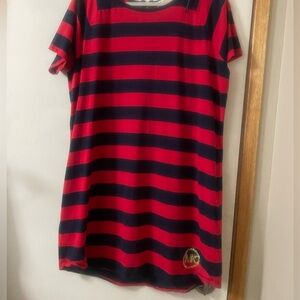 Michael Kors Navy & Red (XL) Striped, Gold Logo with Back Zip Exposed Dress